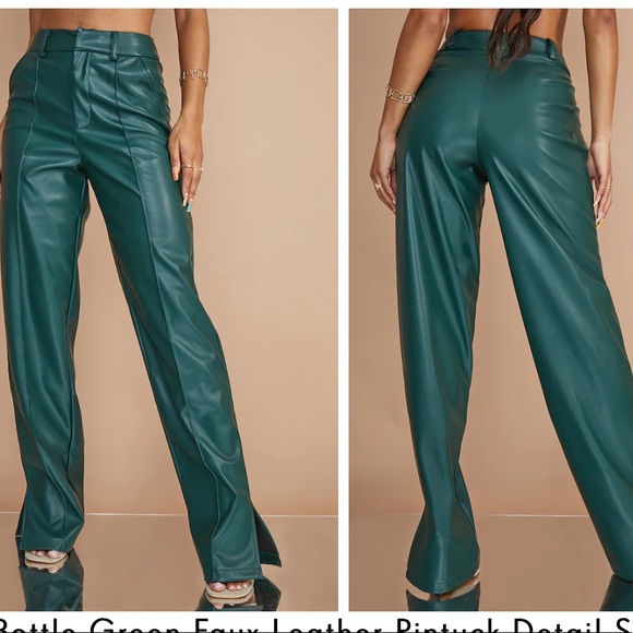 Bottle green faux leather straight pants - Picture 2 of 6